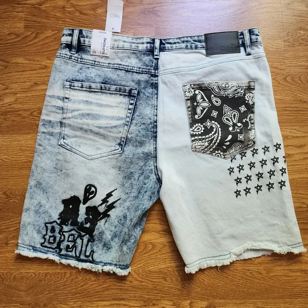 Rue 21 Supreme Flex Acid Wash Distressed Denim Patchwork Shorts Mens Size 38 New